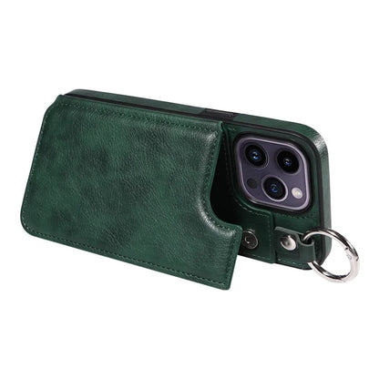 003 For iPhone 14 Pro Max Case PU Leather Card Holder Kicktand Cell Phone Cover Ring Buckle