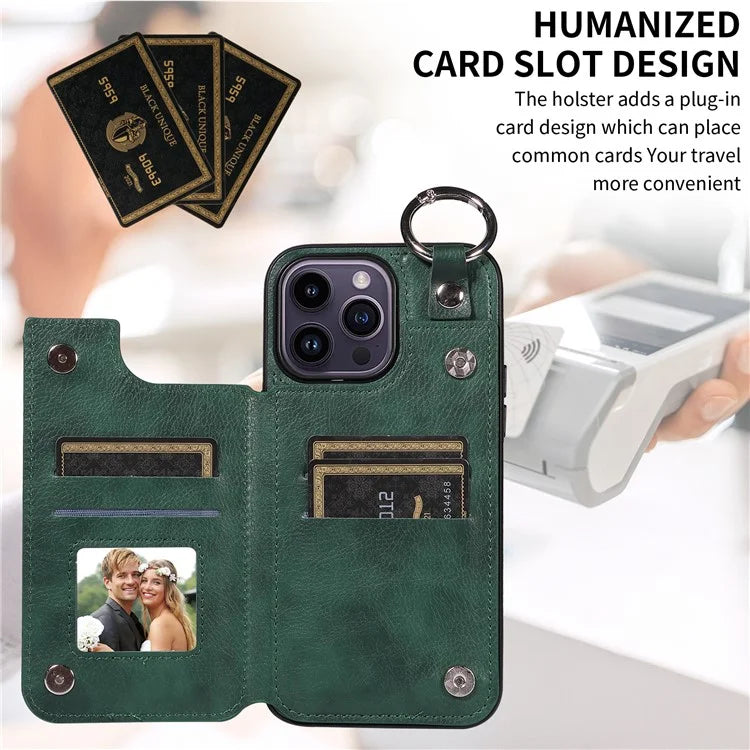 003 For iPhone 14 Pro Max Case PU Leather Card Holder Kicktand Cell Phone Cover Ring Buckle