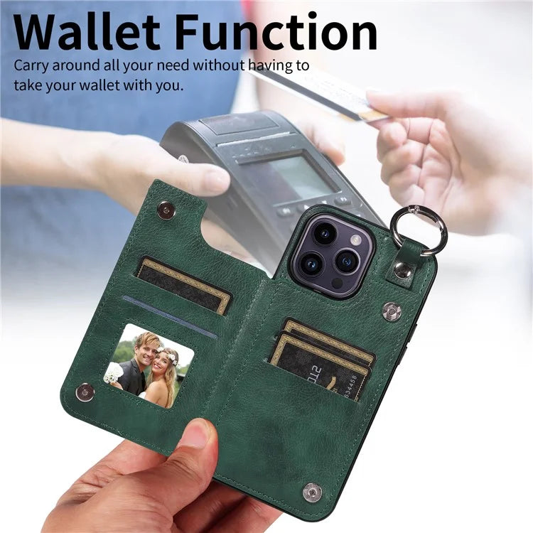 003 For iPhone 14 Pro Max Case PU Leather Card Holder Kicktand Cell Phone Cover Ring Buckle