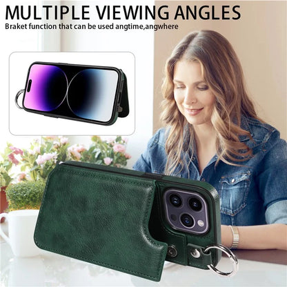 003 For iPhone 14 Pro Max Case PU Leather Card Holder Kicktand Cell Phone Cover Ring Buckle