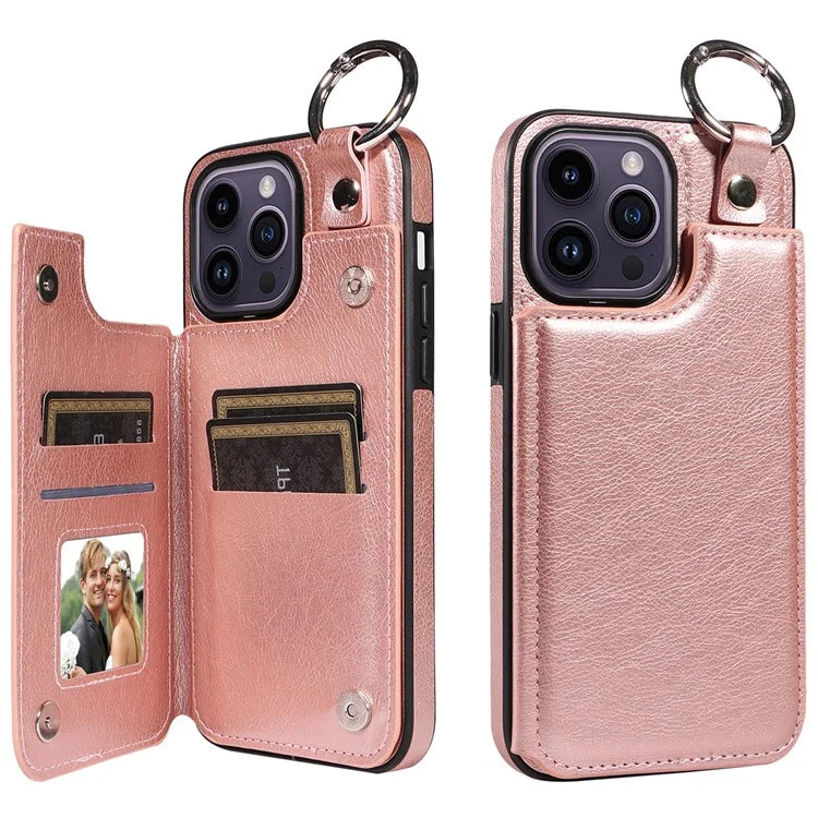 003 For iPhone 14 Pro Max Case PU Leather Card Holder Kicktand Cell Phone Cover Ring Buckle