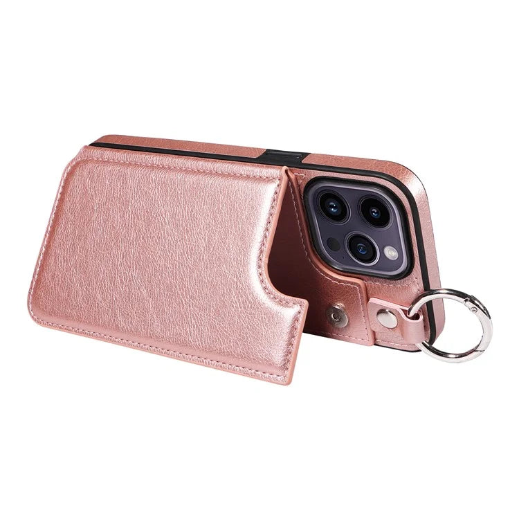 003 For iPhone 14 Pro Max Case PU Leather Card Holder Kicktand Cell Phone Cover Ring Buckle