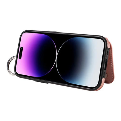 003 For iPhone 14 Pro Max Case PU Leather Card Holder Kicktand Cell Phone Cover Ring Buckle