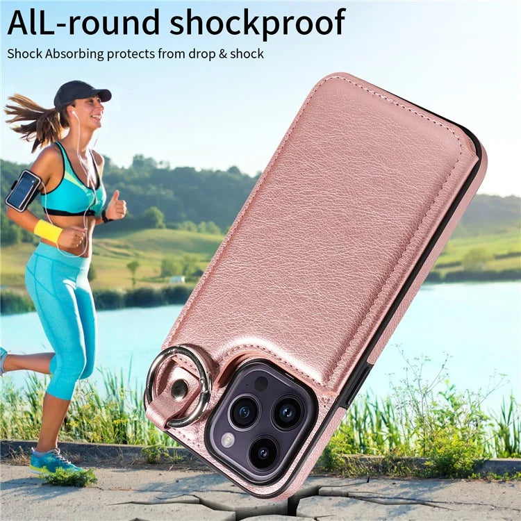 003 For iPhone 14 Pro Max Case PU Leather Card Holder Kicktand Cell Phone Cover Ring Buckle