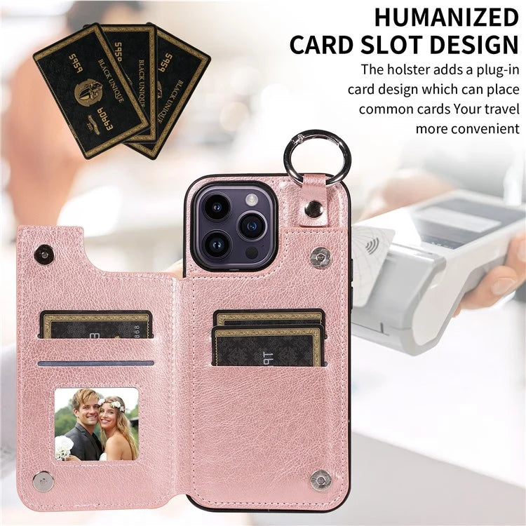 003 For iPhone 14 Pro Max Case PU Leather Card Holder Kicktand Cell Phone Cover Ring Buckle
