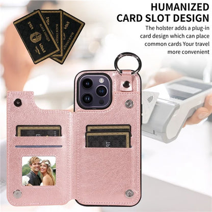 003 For iPhone 14 Pro Max Case PU Leather Card Holder Kicktand Cell Phone Cover Ring Buckle