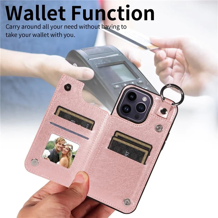 003 For iPhone 14 Pro Max Case PU Leather Card Holder Kicktand Cell Phone Cover Ring Buckle