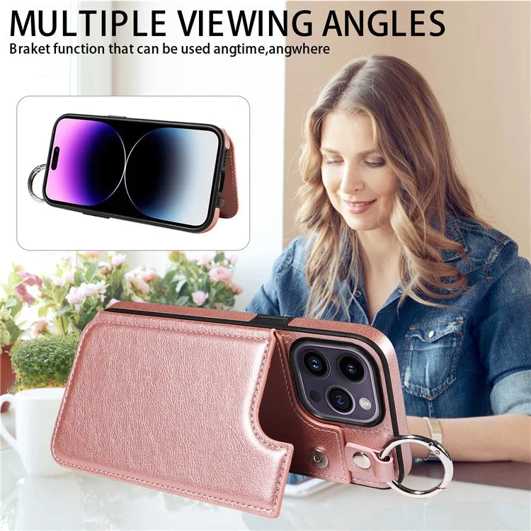 003 For iPhone 14 Pro Max Case PU Leather Card Holder Kicktand Cell Phone Cover Ring Buckle