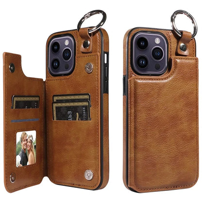 003 For iPhone 14 Pro Max Case PU Leather Card Holder Kicktand Cell Phone Cover Ring Buckle