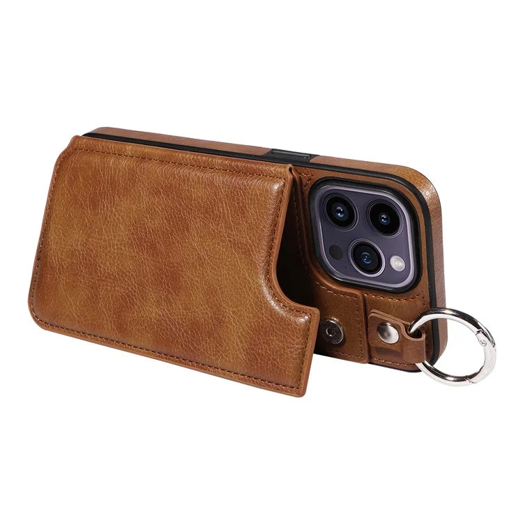 003 For iPhone 14 Pro Max Case PU Leather Card Holder Kicktand Cell Phone Cover Ring Buckle