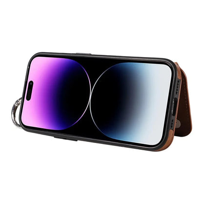 003 For iPhone 14 Pro Max Case PU Leather Card Holder Kicktand Cell Phone Cover Ring Buckle