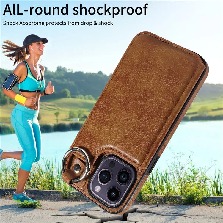 003 For iPhone 14 Pro Max Case PU Leather Card Holder Kicktand Cell Phone Cover Ring Buckle