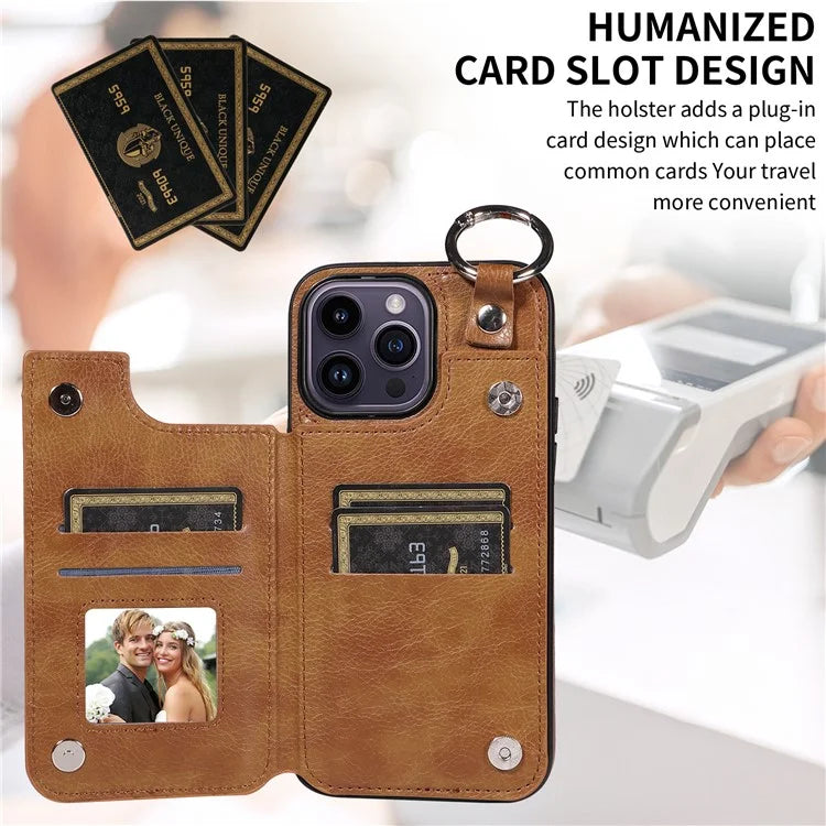 003 For iPhone 14 Pro Max Case PU Leather Card Holder Kicktand Cell Phone Cover Ring Buckle