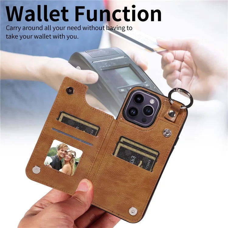 003 For iPhone 14 Pro Max Case PU Leather Card Holder Kicktand Cell Phone Cover Ring Buckle