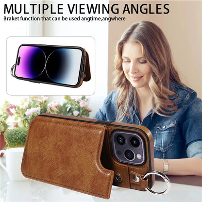 003 For iPhone 14 Pro Max Case PU Leather Card Holder Kicktand Cell Phone Cover Ring Buckle