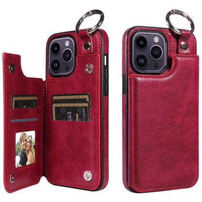 003 For iPhone 14 Pro Max Case PU Leather Card Holder Kicktand Cell Phone Cover Ring Buckle