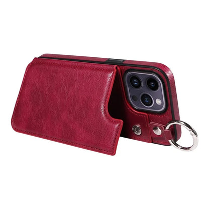 003 For iPhone 14 Pro Max Case PU Leather Card Holder Kicktand Cell Phone Cover Ring Buckle