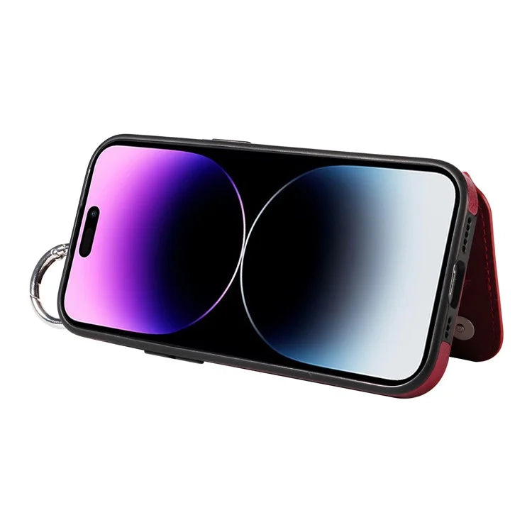 003 For iPhone 14 Pro Max Case PU Leather Card Holder Kicktand Cell Phone Cover Ring Buckle