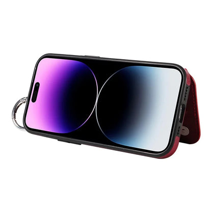 003 For iPhone 14 Pro Max Case PU Leather Card Holder Kicktand Cell Phone Cover Ring Buckle