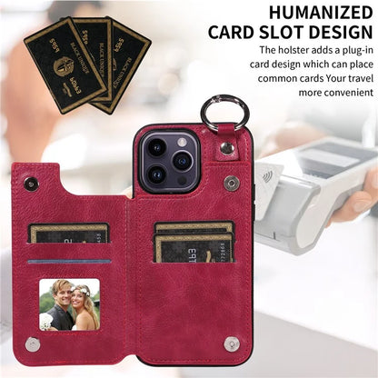 003 For iPhone 14 Pro Max Case PU Leather Card Holder Kicktand Cell Phone Cover Ring Buckle