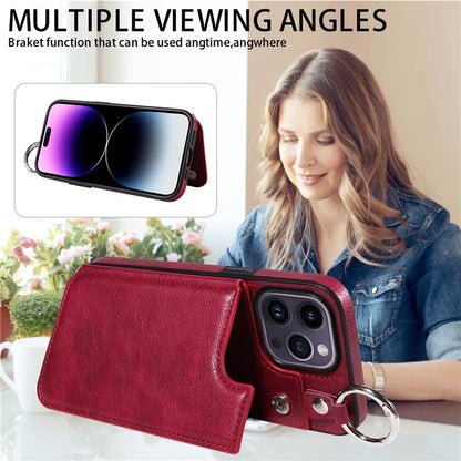 003 For iPhone 14 Pro Max Case PU Leather Card Holder Kicktand Cell Phone Cover Ring Buckle