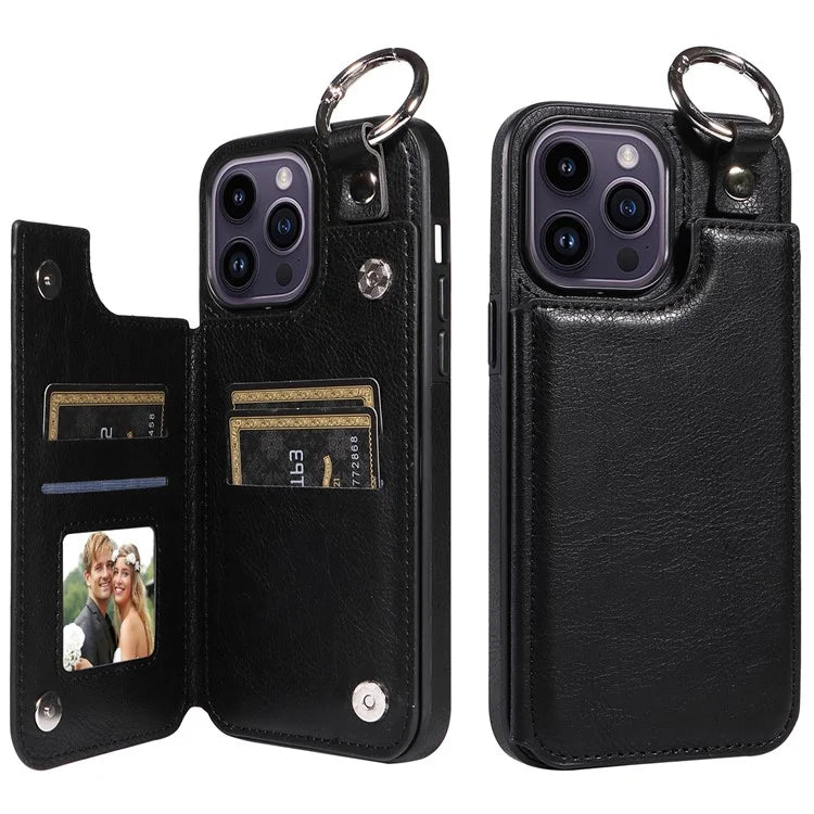 003 For iPhone 14 Pro Max Case PU Leather Card Holder Kicktand Cell Phone Cover Ring Buckle