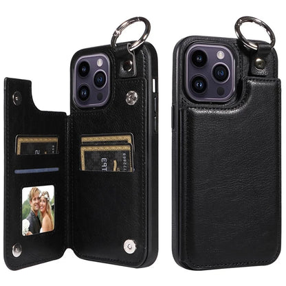 003 For iPhone 14 Pro Max Case PU Leather Card Holder Kicktand Cell Phone Cover Ring Buckle