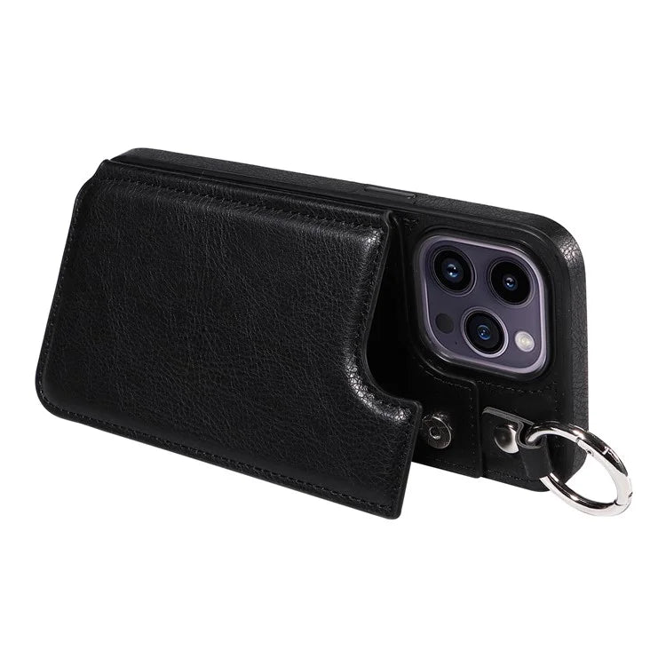 003 For iPhone 14 Pro Max Case PU Leather Card Holder Kicktand Cell Phone Cover Ring Buckle