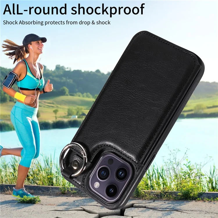 003 For iPhone 14 Pro Max Case PU Leather Card Holder Kicktand Cell Phone Cover Ring Buckle