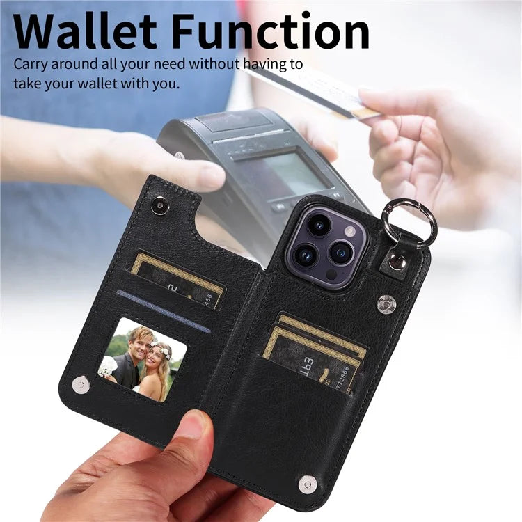 003 For iPhone 14 Pro Max Case PU Leather Card Holder Kicktand Cell Phone Cover Ring Buckle