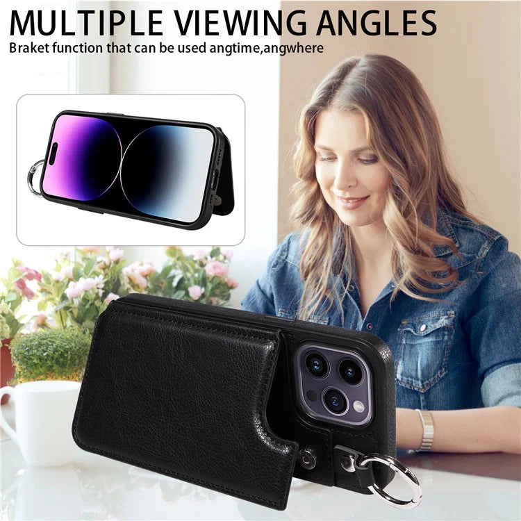 003 For iPhone 14 Pro Max Case PU Leather Card Holder Kicktand Cell Phone Cover Ring Buckle