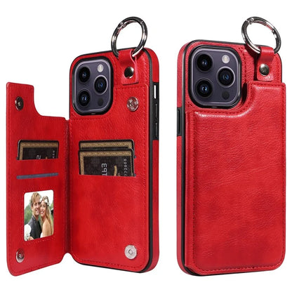 003 For iPhone 14 Pro Max Case PU Leather Card Holder Kicktand Cell Phone Cover Ring Buckle
