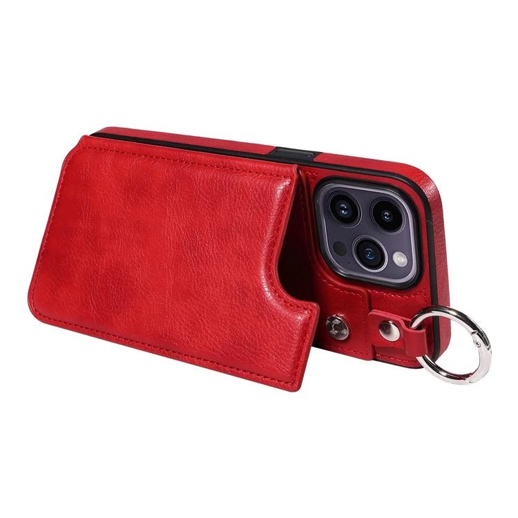 003 For iPhone 14 Pro Max Case PU Leather Card Holder Kicktand Cell Phone Cover Ring Buckle