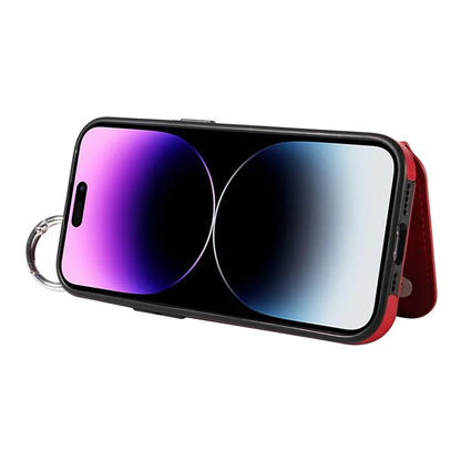 003 For iPhone 14 Pro Max Case PU Leather Card Holder Kicktand Cell Phone Cover Ring Buckle