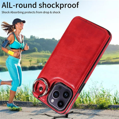 003 For iPhone 14 Pro Max Case PU Leather Card Holder Kicktand Cell Phone Cover Ring Buckle