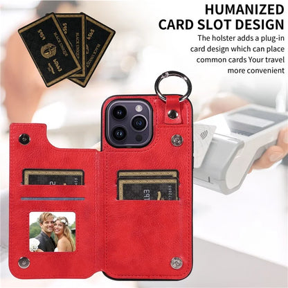 003 For iPhone 14 Pro Max Case PU Leather Card Holder Kicktand Cell Phone Cover Ring Buckle