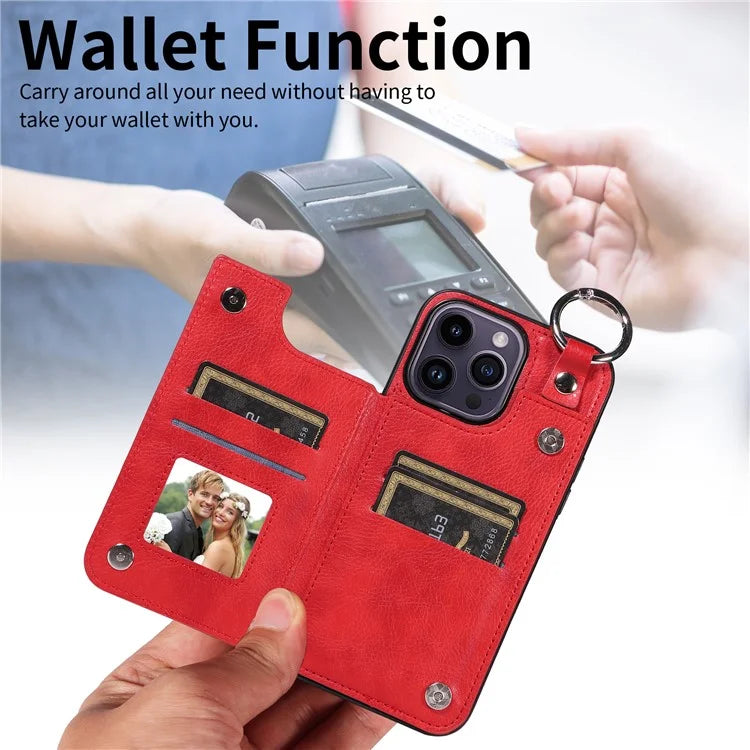 003 For iPhone 14 Pro Max Case PU Leather Card Holder Kicktand Cell Phone Cover Ring Buckle