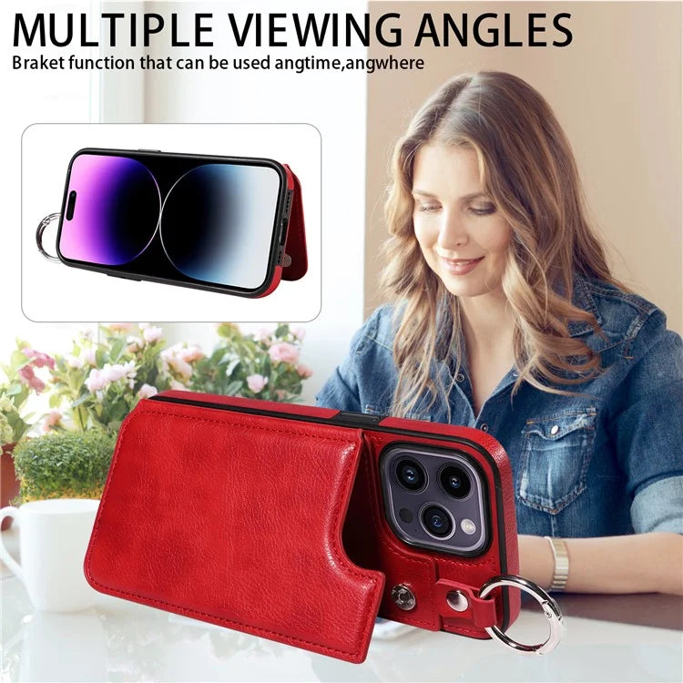 003 For iPhone 14 Pro Max Case PU Leather Card Holder Kicktand Cell Phone Cover Ring Buckle