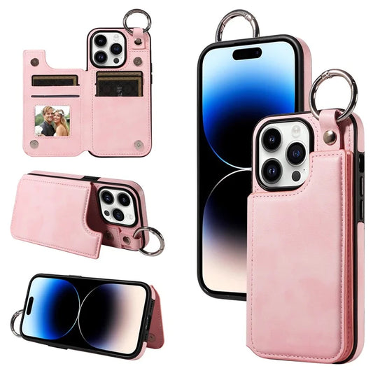 003 For iPhone 14 Pro Case Kickstand PU Leather Coated TPU Phone Cover with Ring Buckle