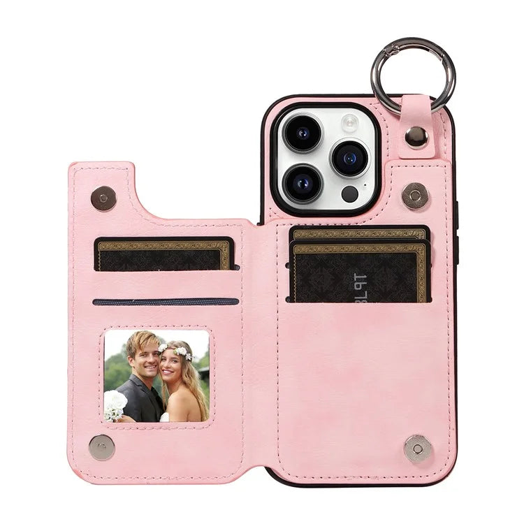 003 For iPhone 14 Pro Case Kickstand PU Leather Coated TPU Phone Cover with Ring Buckle