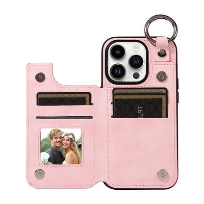 003 For iPhone 14 Pro Case Kickstand PU Leather Coated TPU Phone Cover with Ring Buckle