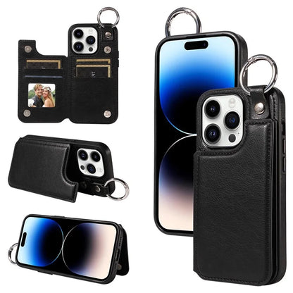 003 For iPhone 14 Pro Case Kickstand PU Leather Coated TPU Phone Cover with Ring Buckle