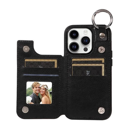003 For iPhone 14 Pro Case Kickstand PU Leather Coated TPU Phone Cover with Ring Buckle
