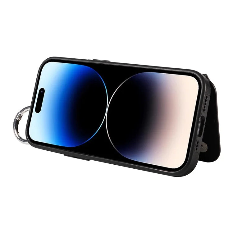 003 For iPhone 14 Pro Case Kickstand PU Leather Coated TPU Phone Cover with Ring Buckle