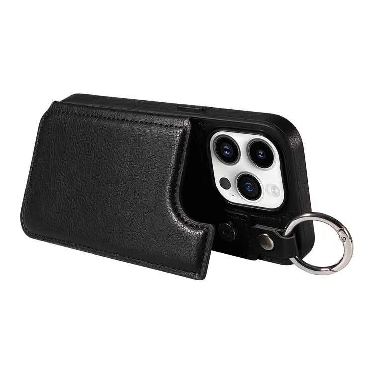 003 For iPhone 14 Pro Case Kickstand PU Leather Coated TPU Phone Cover with Ring Buckle