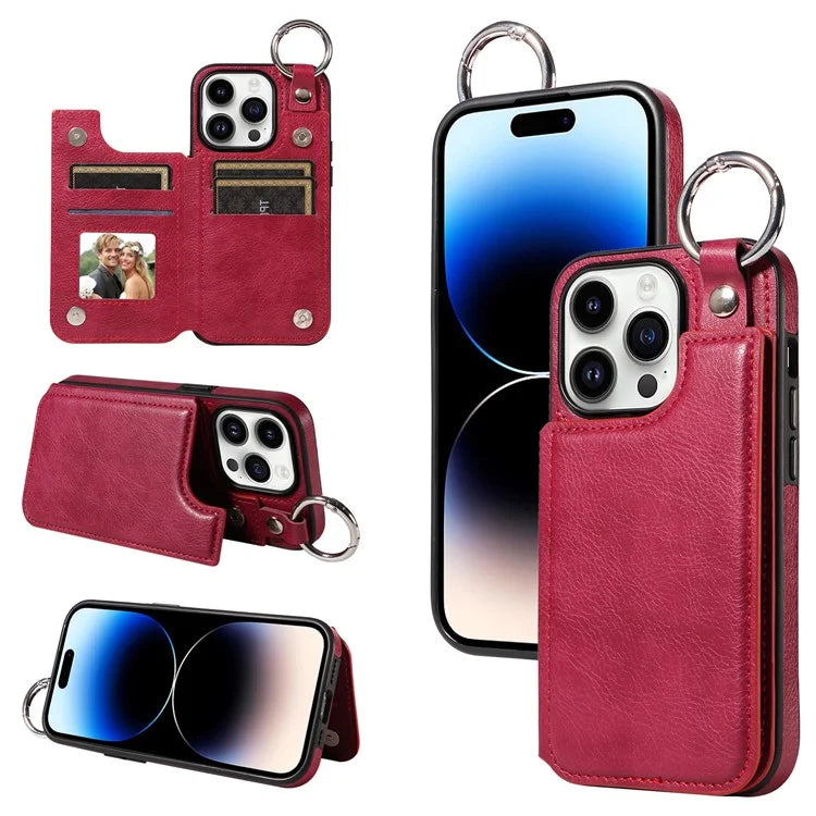 003 For iPhone 14 Pro Case Kickstand PU Leather Coated TPU Phone Cover with Ring Buckle