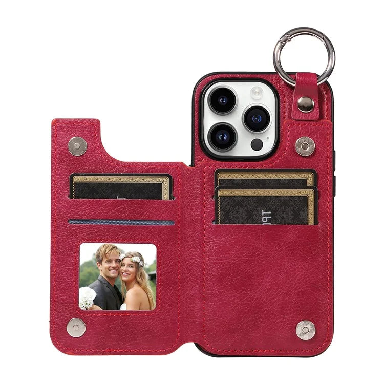 003 For iPhone 14 Pro Case Kickstand PU Leather Coated TPU Phone Cover with Ring Buckle