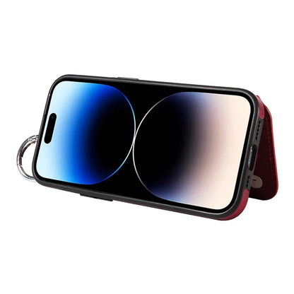 003 For iPhone 14 Pro Case Kickstand PU Leather Coated TPU Phone Cover with Ring Buckle