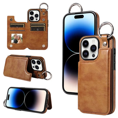 003 For iPhone 14 Pro Case Kickstand PU Leather Coated TPU Phone Cover with Ring Buckle
