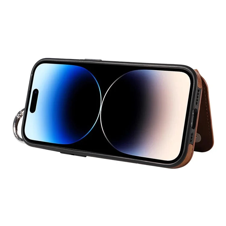 003 For iPhone 14 Pro Case Kickstand PU Leather Coated TPU Phone Cover with Ring Buckle